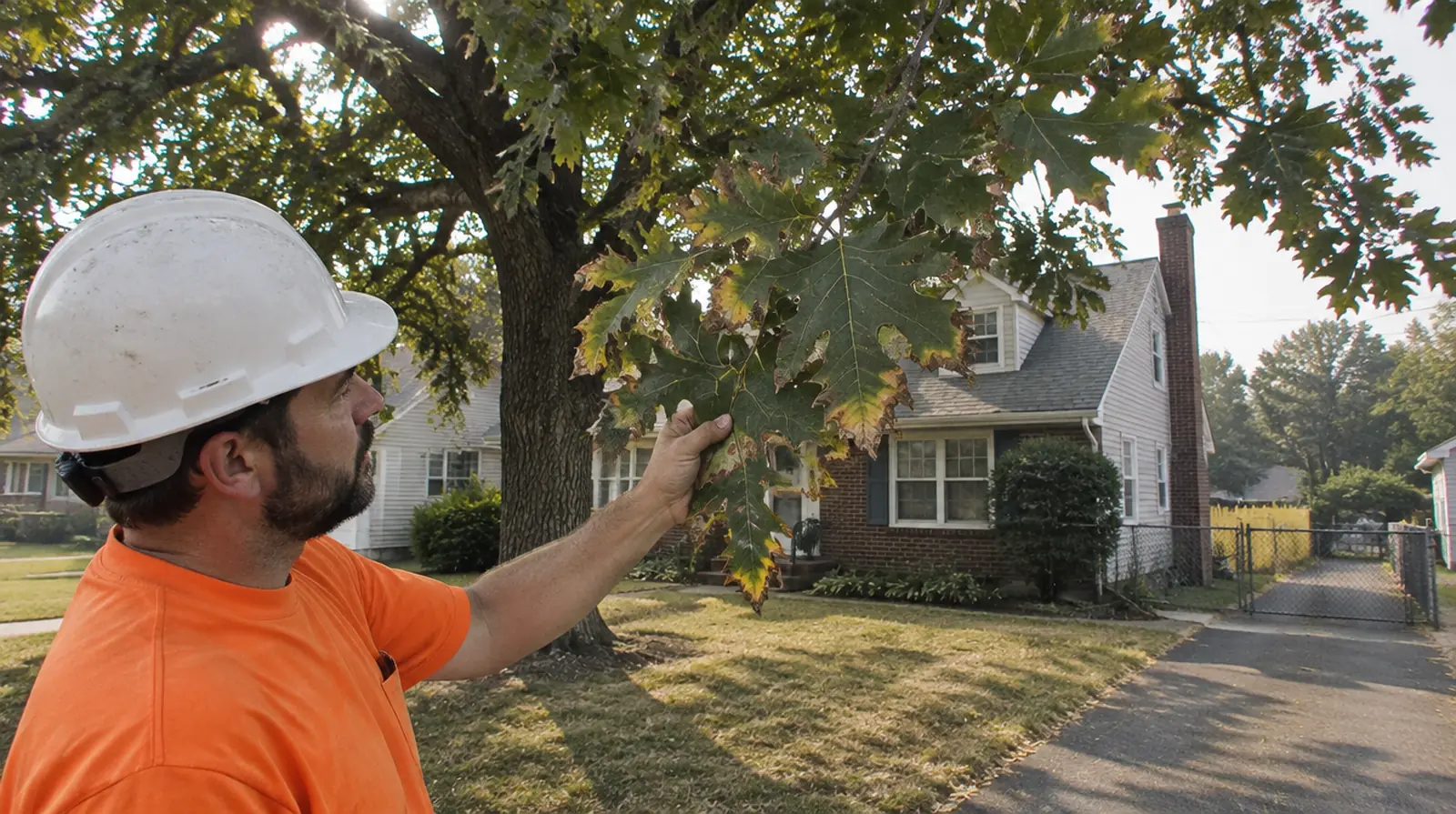 Arborist looking at scorched pin oak leaves in front of a Cape Cod house in Woodbridge, NJ