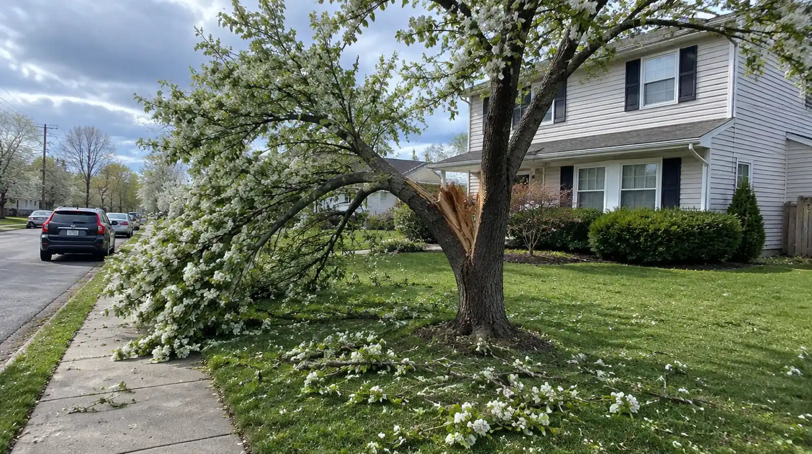 Bradford pear tree with a split trunk beside a sidewalk in Woodbridge, NJ