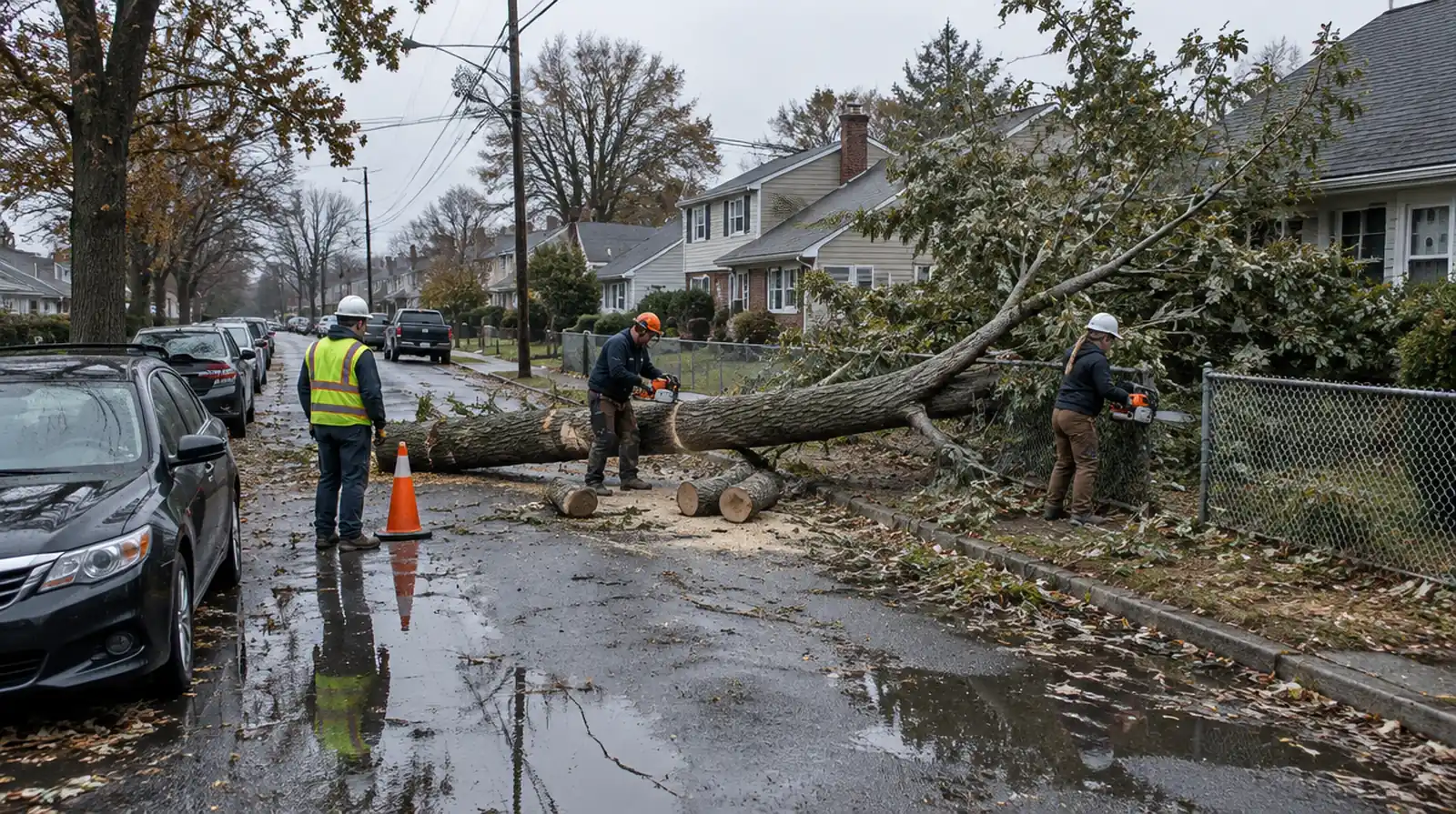 Crew clearing a nor'easter-downed maple from a residential street in Woodbridge, NJ