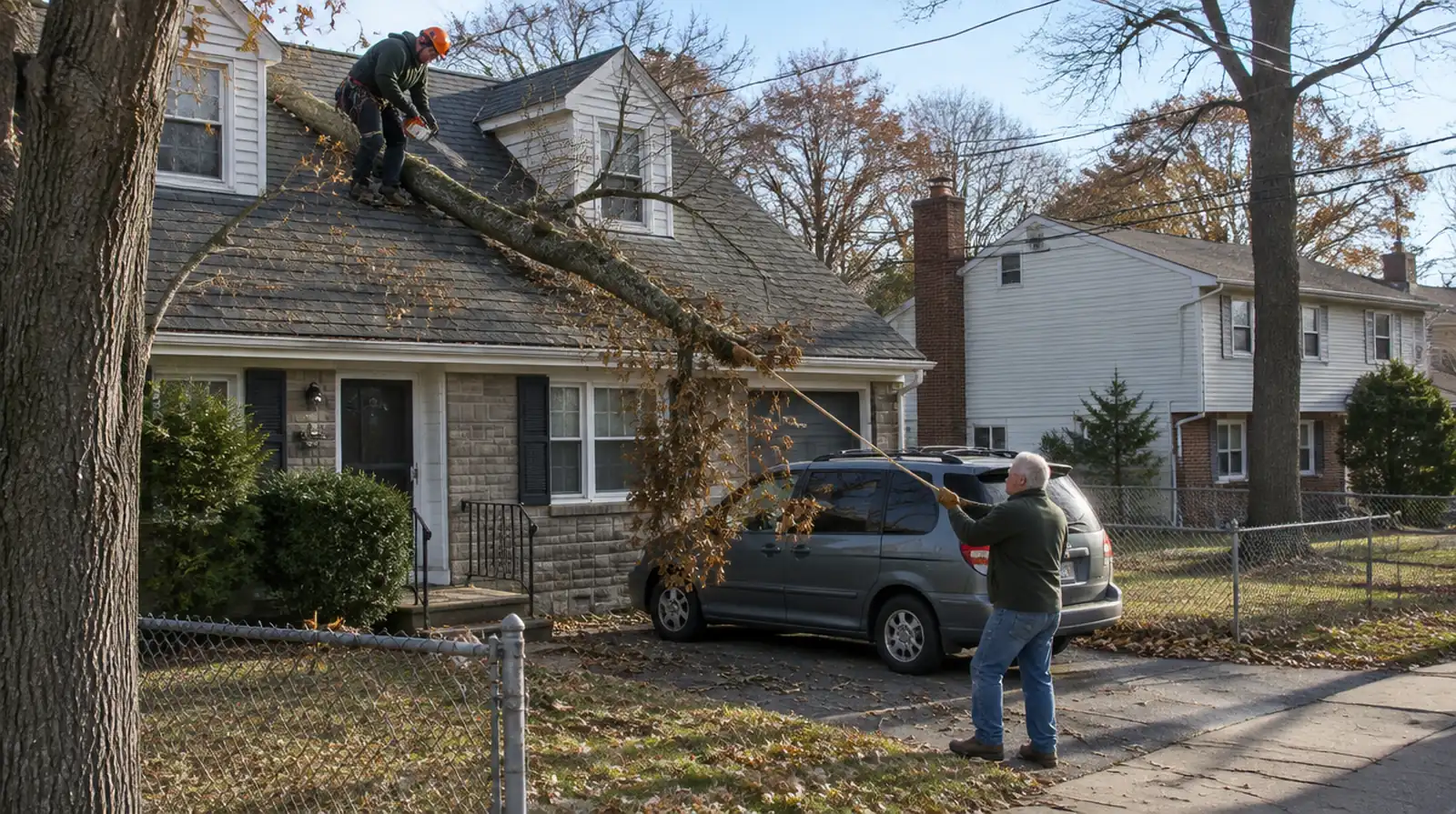 Trimming pin oak limbs back from a Cape Cod roof in Woodbridge, NJ