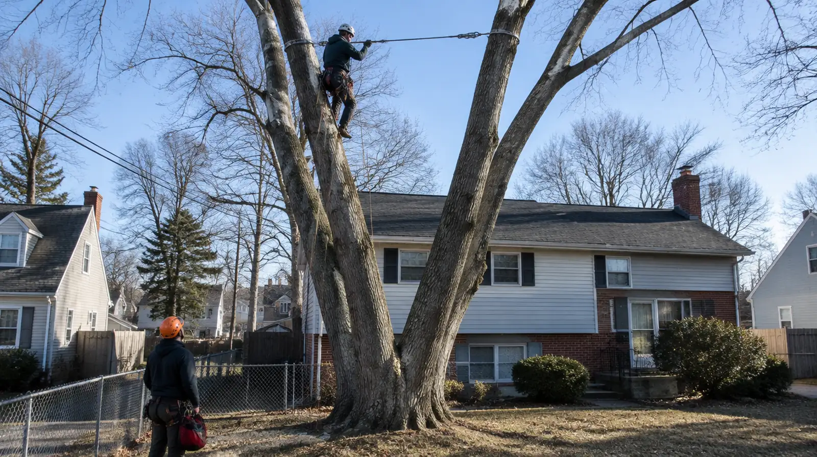 Arborist installing a support cable in a multi-trunk silver maple over a Woodbridge, NJ home
