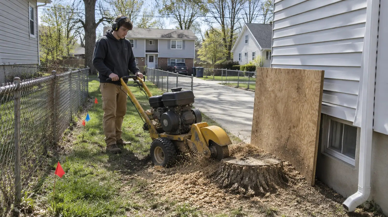 Compact stump grinder in a narrow side yard between homes in Woodbridge, NJ