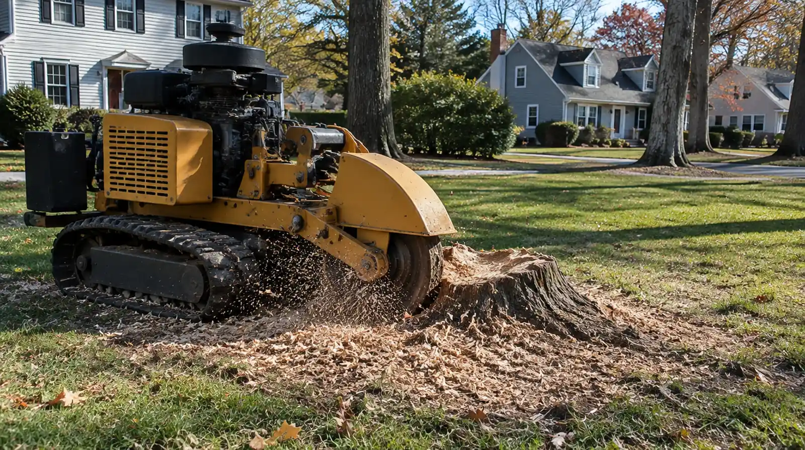 Stump grinder removing a tree stump in Woodbridge, NJ