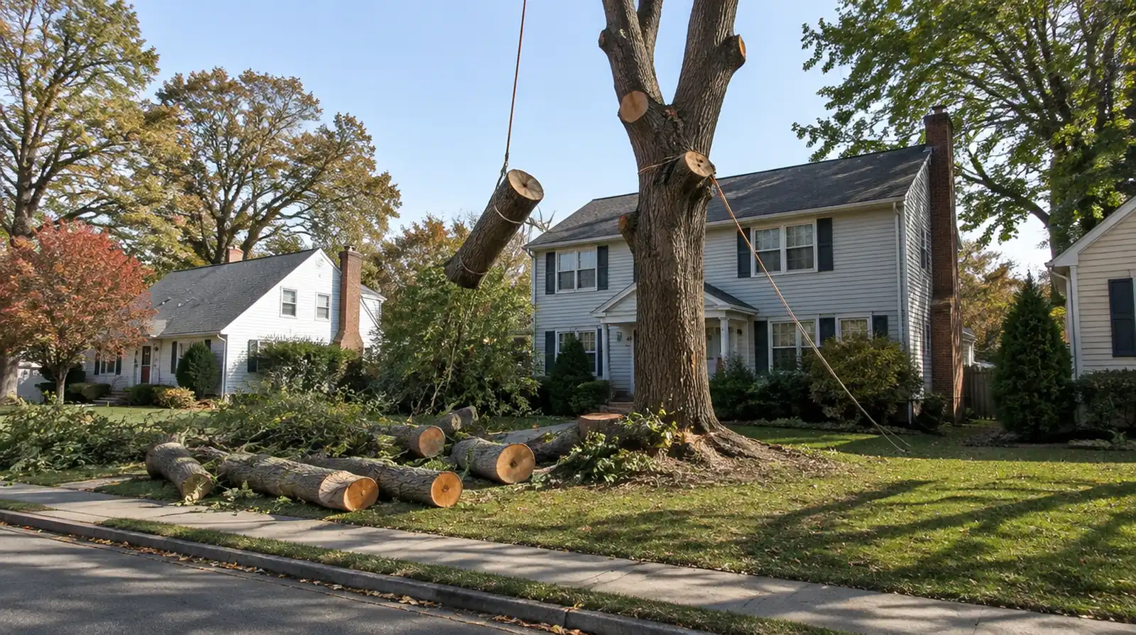 Tree being removed in sections in Woodbridge, NJ