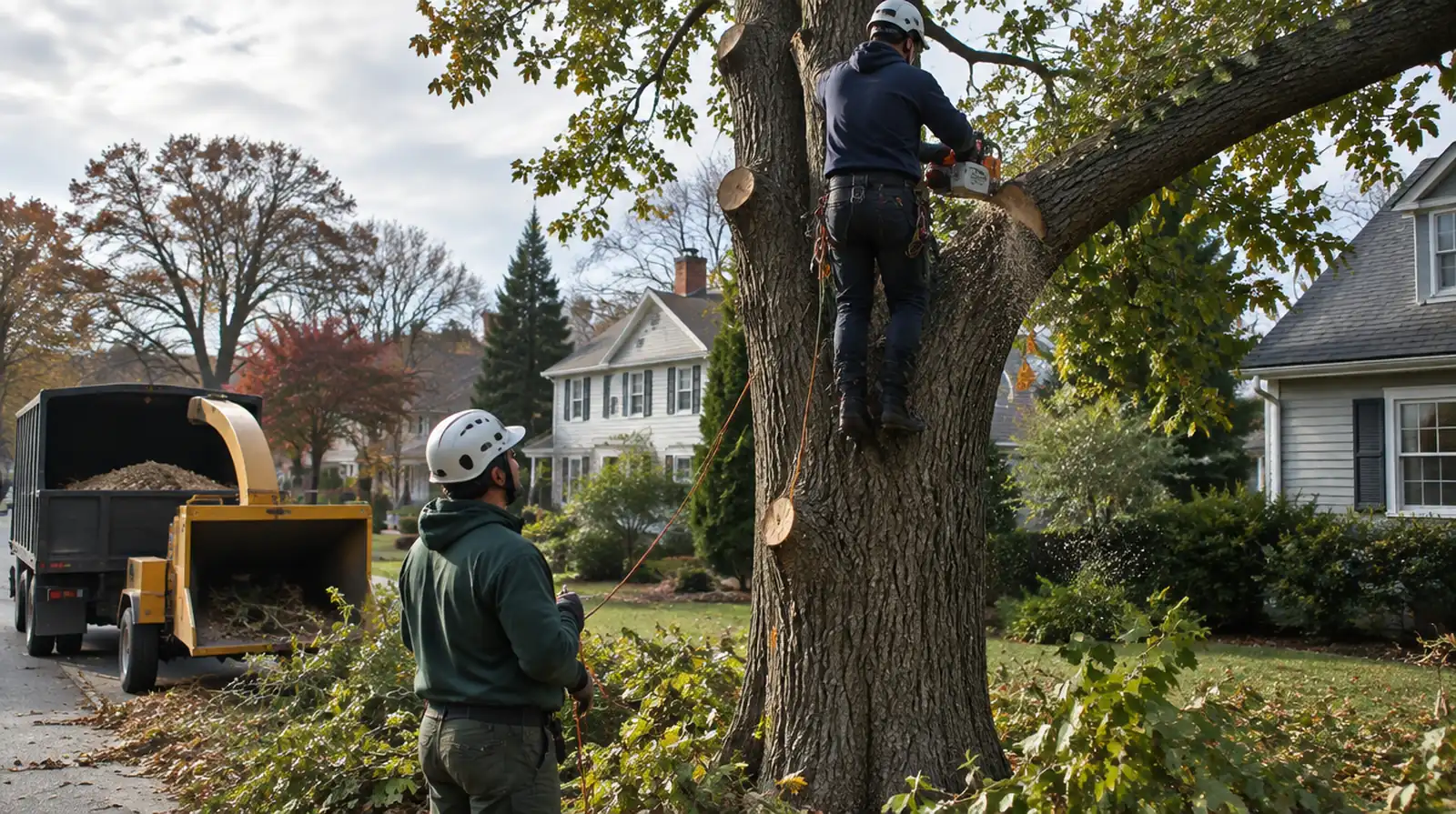 Tree service crew trimming a tree beside a home in Woodbridge, NJ