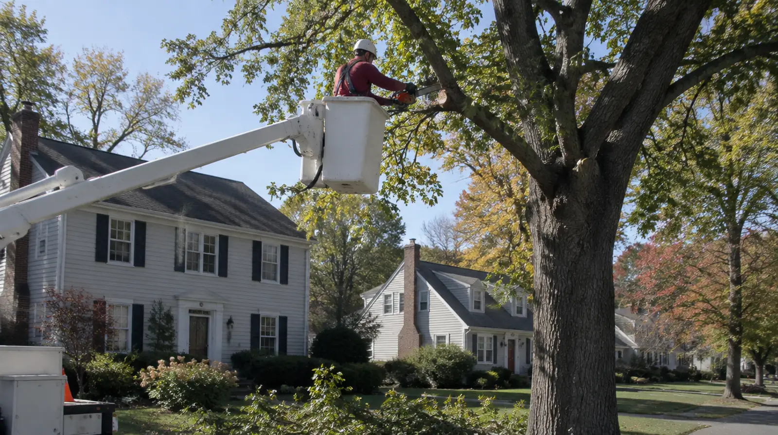 Arborist trimming tree branches from a bucket lift in Woodbridge, NJ
